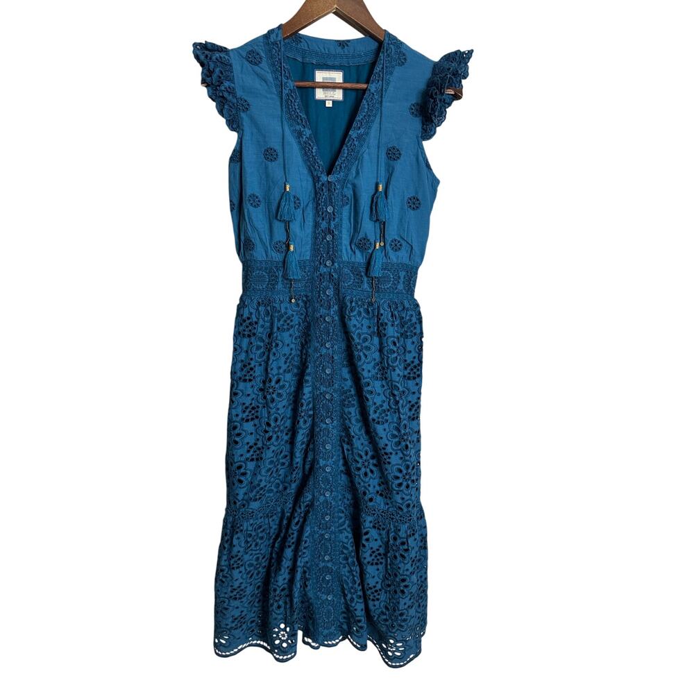 Bell by Alicia Bell Peacock Blue Eyelet Embroidered Midi Dress Tassel Womans S